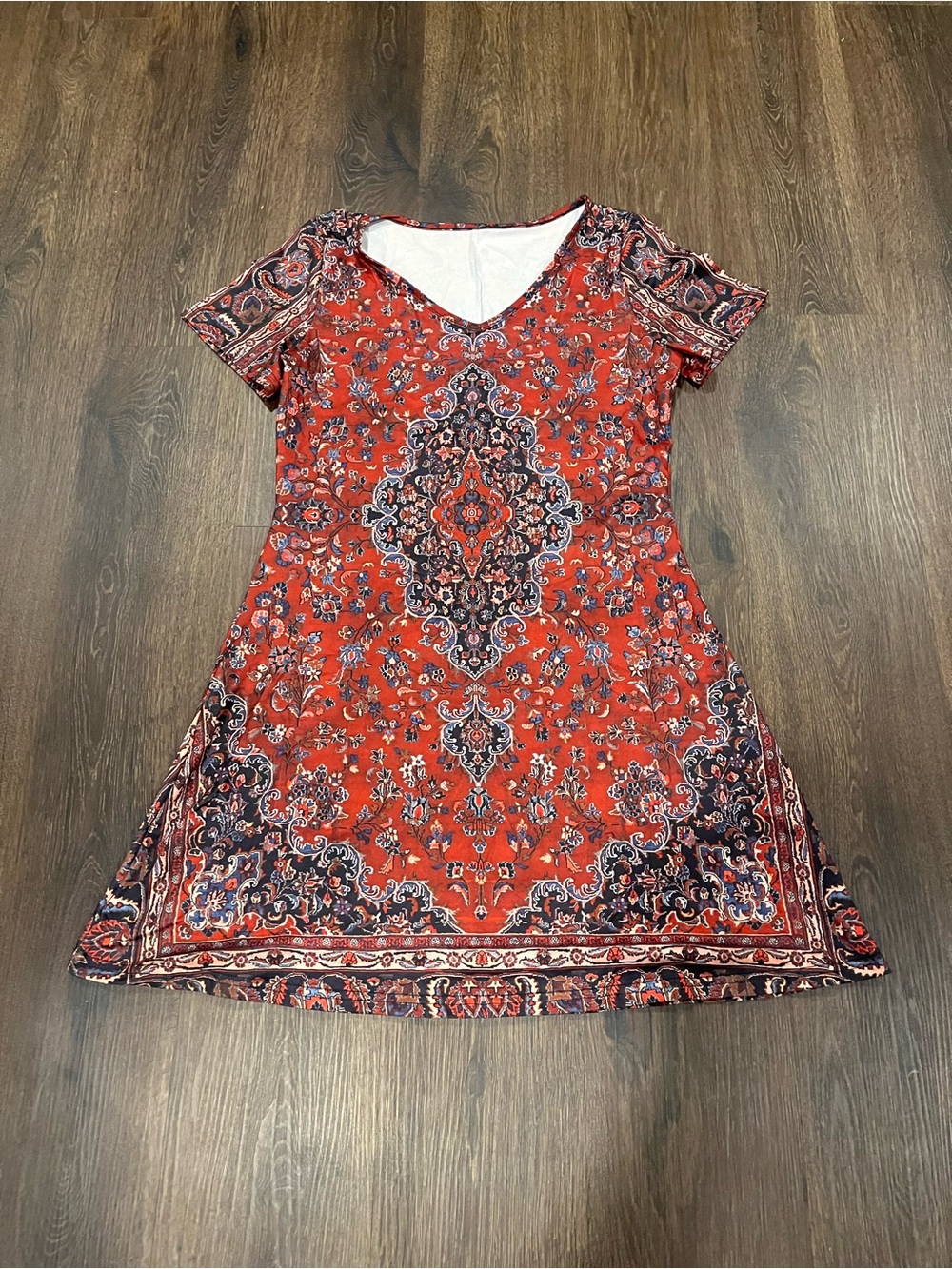 Red Paisley Short Sleeve V-Neck Dress